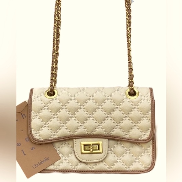 Chrisbella Quilted NWT Leather Cream Bone Shoulder Bag Crossbody Antique Gold - Picture 4 of 9